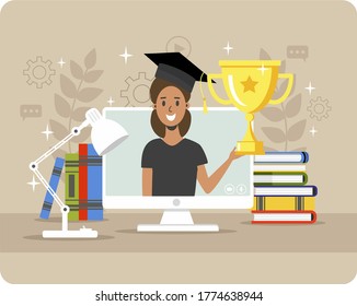 Graduate online. A girl in a suit and a graduation hat holds the winner's cup. On a laptop monitor. Cartoon style vector flat illustration