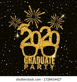 Graduate party 2020 class of greeting card with glasses, hat and fireworks for invitation, banner, poster, postcard. Vector illustration. All isolated and layered