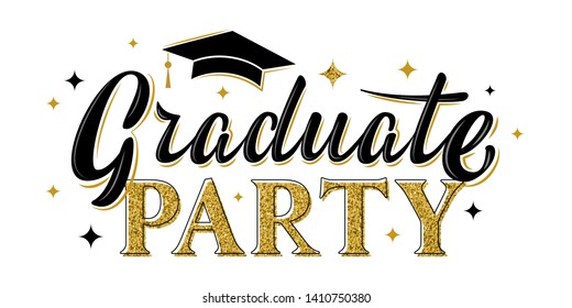 Graduate party greeting sign. Graduation label. Vector design for graduation design, congratulation ceremony, invitation card, banner. Grads symbol for university, high school, academy, college