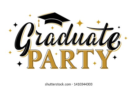 Graduate party greeting sign with stars. Graduation label. Vector for graduation design, congratulation ceremony, invitation card, banner. Grads symbol for university, high school, academy, college