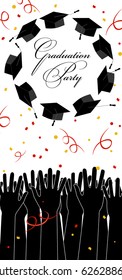 Graduate party invitation. Hands Throwing Up Graduation Hats. Graduation Ceremony Card with Place for Text.
