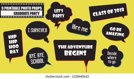 Graduate party photo booth props vector elements. Illustration with speech bubbles with quotes for taking funny pictures with grads 