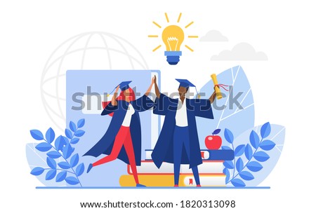 Graduate people celebrate vector illustration. Cartoon flat tiny group of happy graduating students characters celebrating graduation, holding school or college education diploma isolated on white