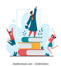 Graduate people students celebrate success graduation. Happy girl in cap and bachelor robe holding degree diploma, standing on many books flat vector illustration. Higher education, knowledge concept