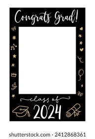 Graduate photo booth frame. Props with Class of 2024. Selfie frame. Kit for graduation party. Decorations party supplies. Graduation party photo booth frame. Gold and black vector illustration.