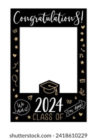 Graduate photo booth frame. Props with Class of 2024. Selfie frame. Kit for graduation party. Decorations party supplies. Graduation party photo booth frame. Gold and black vector illustration.