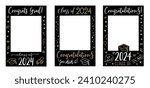 Graduate photo booth frame set. Props with Class of 2024. Selfie frame. Kit for graduation party. Decorations party supplies. Graduation party photo booth frame. Gold and black vector class of 2024.