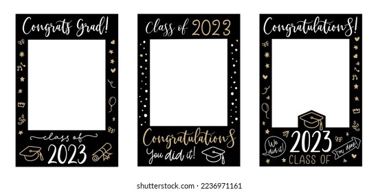 Graduate photo booth frame set. Props with Class of 2023. Selfie frame. Kit for graduation party. Decorations party supplies. Graduation party photo booth frame. Gold and black vector class of 2023.