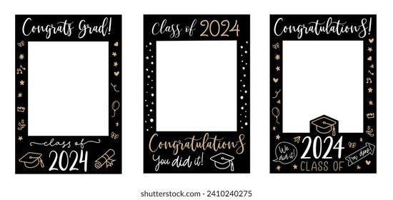 Graduate photo booth frame set. Props with Class of 2024. Selfie frame. Kit for graduation party. Decorations party supplies. Graduation party photo booth frame. Gold and black vector class of 2024.