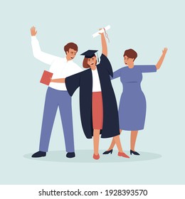 Graduate in prom dress and cap with parents. The girl has a diploma and a graduation scroll. A happy family rejoices at the end of their daughter's education. Flat vector illustration.