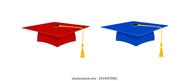 Graduate red and blue caps set. Education cap with square brim to celebrate successful graduation from school and college with academic success vector uniform