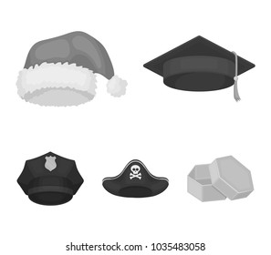 Graduate, santa, police, pirate. Hats set collection icons in monochrome style vector symbol stock illustration web.