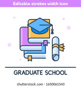 The graduate school outline icon. A linear symbol of stack of textbooks, graduation hat and diploma. Concept of university learning and education. Vector illustration with editable strokes width.