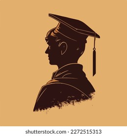 Silueta graduada con tapón de graduación en la cabeza. Concepto de diseño de póster de graduación feliz o de plantilla de tarjeta. Ilustración vectorial retro plana