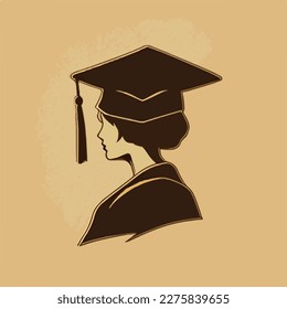 Graduate silhouette with a graduation cap on the head . Concept for happy graduation poster or card template design. Flat retro vector illustration