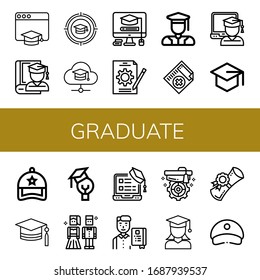 graduate simple icons set. Contains such icons as Education, Graduate, Mortarboard, Job, Graduated, Medical certificate, Cap, Prom night, can be used for web, mobile and logo