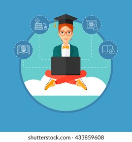A graduate sitting on the cloud. A graduate in graduation cap working on a laptop. Education technology and graduation concept. Vector flat design illustration in the circle isolated on background.