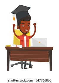 Graduate sitting at the table with laptop and diploma. Graduate in graduation cap using laptop for education. Online graduation concept. Vector flat design illustration isolated on white background