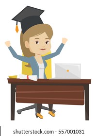 Graduate sitting at the table with laptop and diploma. Graduate in graduation cap using laptop for education. Online graduation concept. Vector flat design illustration isolated on white background.