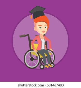 Graduate sitting in wheelchair. Female caucasian student sitting in wheelchair. Smiling disabled graduate sitting in wheelchair. Vector flat design illustration in the circle isolated on background.