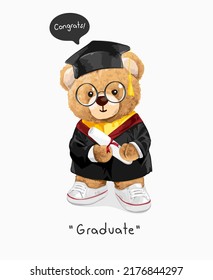 graduate slogan with cute bear doll graduated student vector illustration