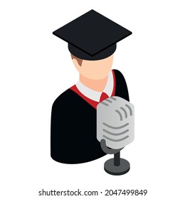 Graduate speech icon isometric vector. Graduate stand near microphone icon. Education concept, graduation