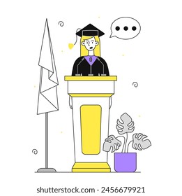 Graduate speech linear. Woman in mantle and hat at podiume with microphone. Education, loearning and training. College or university. Doodle flat vector illustration isolated on white background