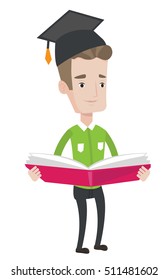 Graduado de pie con un gran libro abierto en las manos. Graduado en gorra de graduación leyendo un libro. Graduado sosteniendo un libro. Concepto de educación. Ilustración de diseño plana vectorial aislada en fondo blanco.