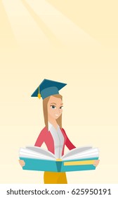 Graduate standing with a big open book in hands. Smiling female student in graduation cap reading a book. Woman holding a book. Concept of education. Vector flat design illustration. Vertical layout.
