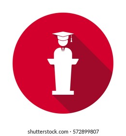 Graduate standing near tribune flat icon.