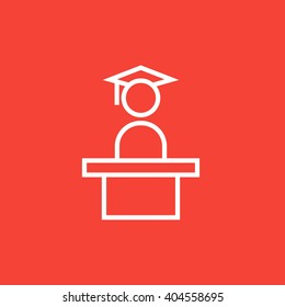 Graduate standing near tribune line icon.