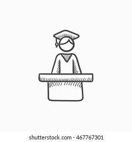 Graduate standing at the tribune vector sketch icon isolated on background. Hand drawn Graduate standing at the tribune icon. Graduate at the tribune sketch icon for infographic, website or app.