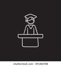Graduate standing at the tribune vector sketch icon isolated on background. Hand drawn Graduate standing at the tribune icon. Graduate at the tribune sketch icon for infographic, website or app.