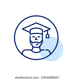 Graduate student avatar. Young bearded man wearing a mortar. Pixel perfect icon