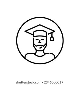 Graduate student avatar. Young bearded man wearing a mortar. Pixel perfect, editable stroke