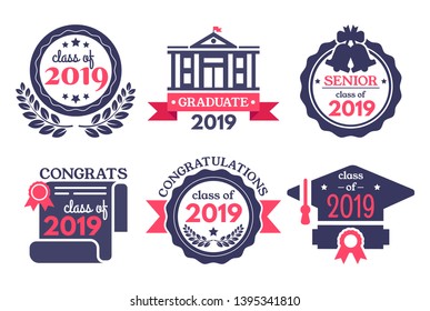 Graduate student badge. Congratulations graduates, graduation day badges and school graduation vector illustration set