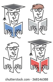 Graduate student with book.
Continuous line art illustration with student with book and mortarboard and diploma. Vector available.
