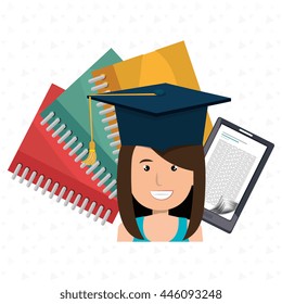 graduate student with books and tablet isolated icon design, vector illustration  graphic 