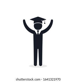 Graduate student boy in square hat raise hands vector icon. Male in mortar hat and graduation academic wear.