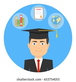 Graduate student. A student in a graduate cap. Flat design, vector illustration, vector.