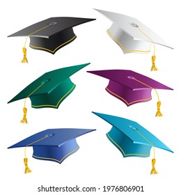 Graduate student caps collection in different colors. Set of 3D realistic graduation hats isolated on white background. Vector square symbol education uniform