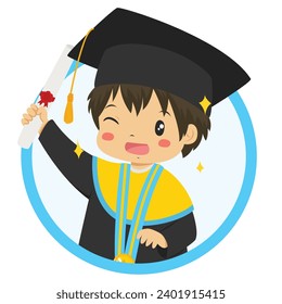 Graduate student celebrating graduation, with blue circle frame. Boy wearing graduation hat and gown lifting his graduation tube, character vector.