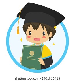 Graduate student celebrating graduation, with yellow circle frame. Boy wearing graduation hat and gown holding graduation diploma, character vector.