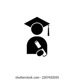 Graduate student character wearing graduation cap holding certificate diploma icon vector symbol.
