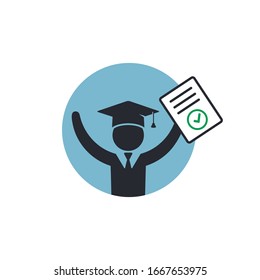 Graduate Student with completed document. Vector icon isolated on round.