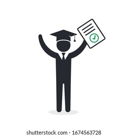 Graduate Student with completed test document. Vector icon isolated on white.