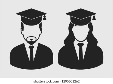 Graduate Student couple Icon. Male and Female symbol on gray background.