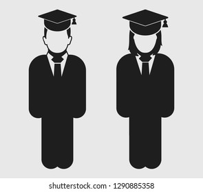 Graduate Student couple Icon. Standing Male and Female symbol on gray background.