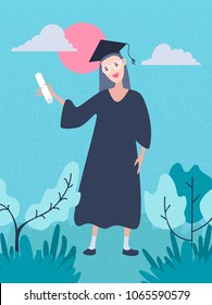 Graduate student with a diploma in academic dress, cap and gown. Vector illustration of happy graduate girl. 