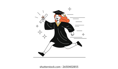 Graduate student excitedly runs holding diploma and wearing cap and gown